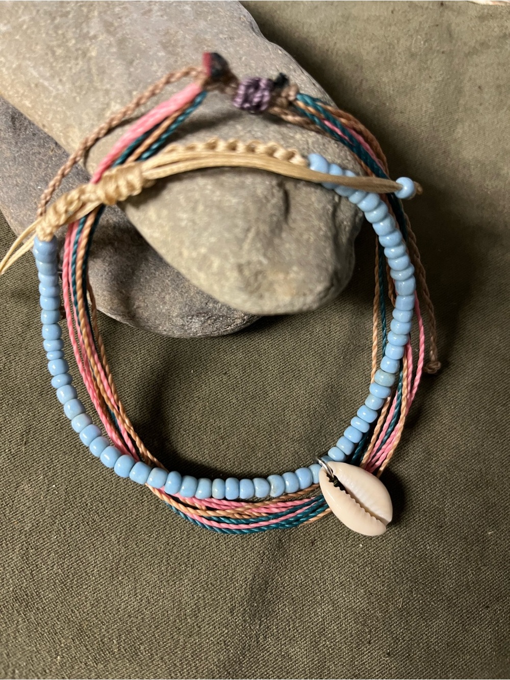 Handmade Shell & Bead Multi-Strand Ankle Bracelet in Light Blue and Pastel